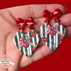 Handmade earrings cherry striped rockabilly bow earrings